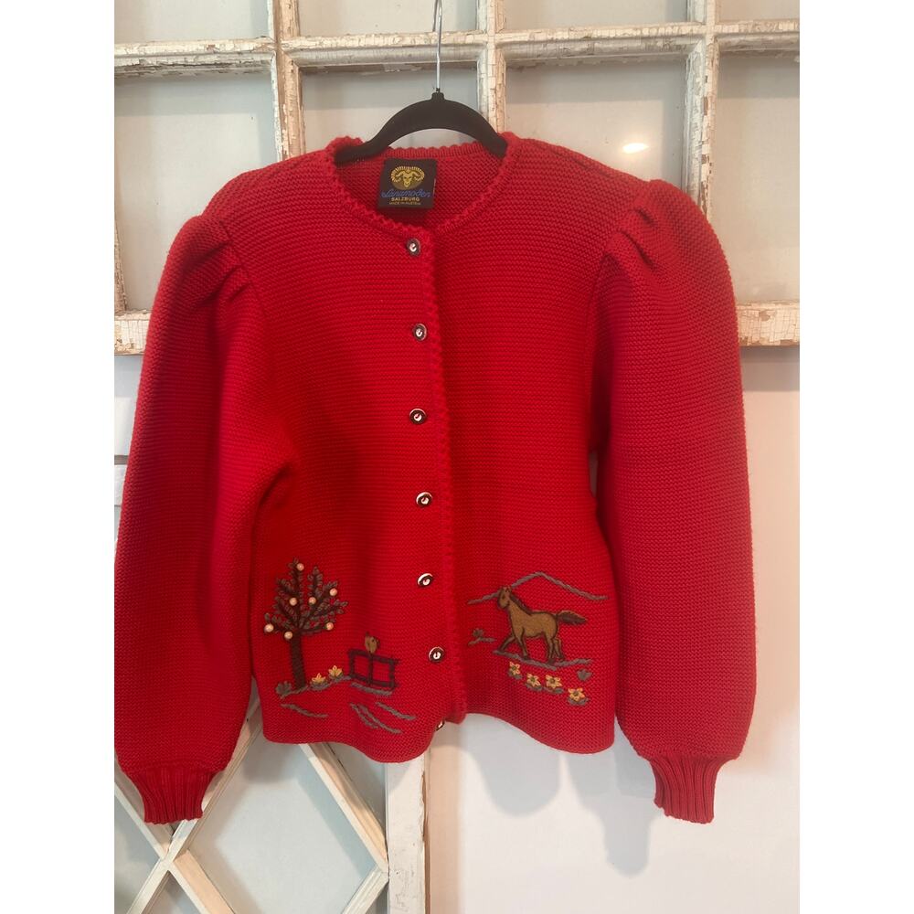 Lanamoden Salzburg Austrian wool cardigan sweater with horse farm scene